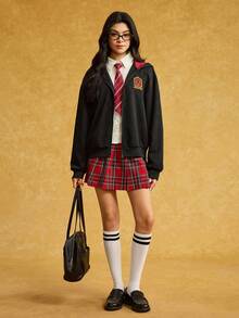 HARRY POTTER X SHEIN Women's Casual Badge Patch Zip-Up Hoodie Sweatshirt, Autumn - Black - View 6