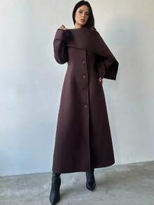 Firerie 女士优雅、精致、端庄的日常通勤街头时尚新款百搭宽围巾披肩领纽扣腰A字长款棕色外套，秋冬女装，女士冬季外套新年款 - 咖啡棕 - 查看 3