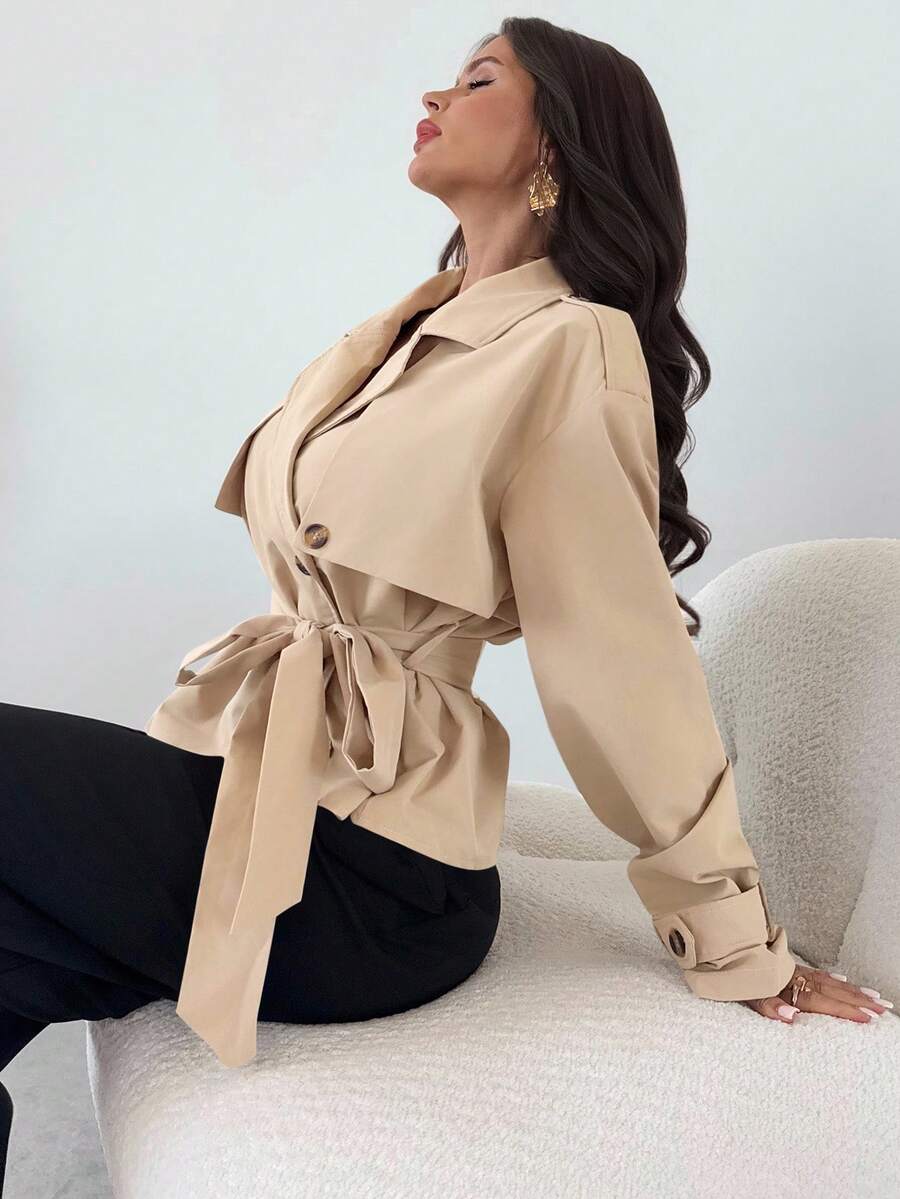 Firerie Áo khoác trench coat màu trơn thanh lịch dành cho nữ mùa thu đông - Màu be - Xem 1