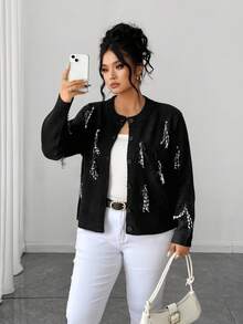 Elenzga Fashionable Elegant Date Party Design Handmade Tassel Short Sweater Cardigan, Plus Size, Autumn/Winter Exquisite Button-Up Black Knit Jacket - Black - View 4