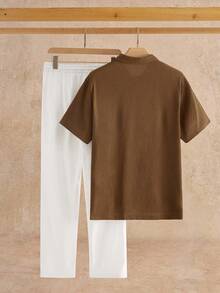 Mainfolk 男士休闲纯色短袖衬衫和裤子套装，舒适服装 - 彩色 - 查看 2