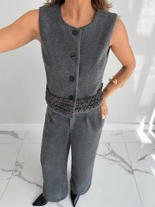 Siren Gaze 女士单排扣马甲裤套装，秋冬款 - 灰色 - 查看 3