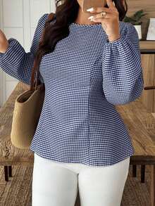 Weeklong Plus Size Women Plaid Lantern Sleeve Tie Back Waist Fashion Shirt - Blue and White - View 2