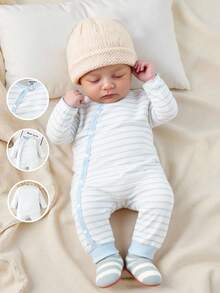 SHEIN 新生男宝宝蓝色条纹连体衣，秋冬款 - 藍色 - 查看 1