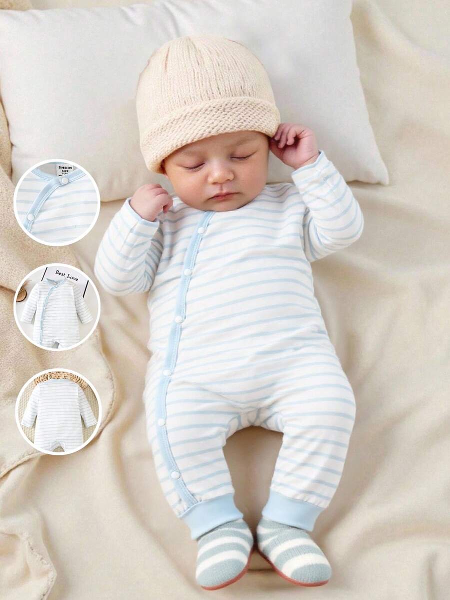 SHEIN 新生男宝宝蓝色条纹连体衣，秋冬款 - 藍色 - 查看 1