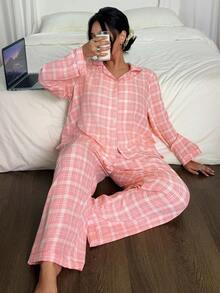 SHEIN Plus Size Plaid Print Ruffle Collar Top & Pants Pajama Set, Fall Winter Clothes, Cozy Outfit - Multicolor - View 4