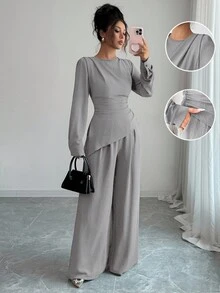 SHEIN Raffinéa 2 件套女士圆领纯色褶皱不对称下摆长袖上衣端庄两件套 2 件套休闲套装女士灰色 2 件套 2 件套女士优雅舒适两件套 - 灰色 - 查看 3