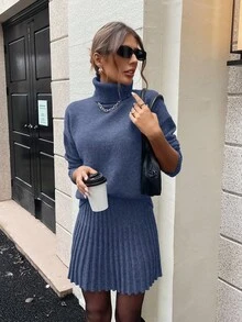 SHEIN Clasi Conjunto de 2 piezas de suéter de cuello alto de manga larga y falda mini de unicolor para mujer - Azul - Ver 7