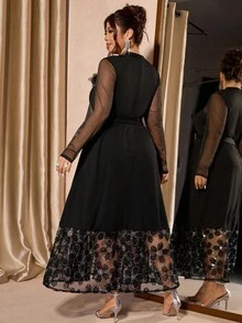 Cravure Váy thu thanh lịch dành cho nữ với vải lưới chắp vá - màu đen - Xem 2