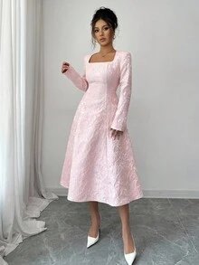 Elenzga Women's Pink Jacquard Textured Fabric Square Neck Waist Cinching A-Line Midi Dress, Elegant And Sophisticated, Suitable For Birthday, Date, Party, Concert, Christmas Eve, Christmas, Autumn/Winter - Pink - View 3