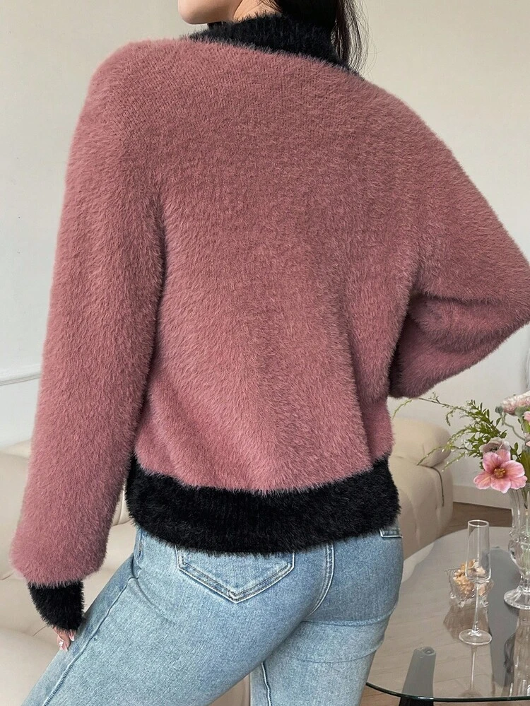 Women's Elegant Contrast Color Pocket Cardigan, Autumn