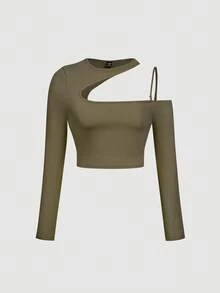 SHEIN MOD 大码罗纹不对称肩部镂空修身短款 T 恤 - 軍綠色 - 查看 1