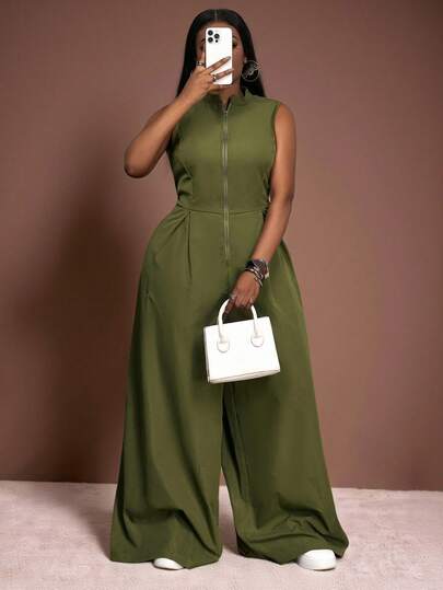 Slaydiva 2025春夏新款休闲度假优雅通勤日常装办公室Siren高感女神纯色军绿色无袖拉链领上衣和阔腿裤加大码连体裤