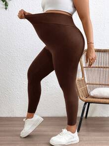 Plussiva 纯色可调节腰围孕妇紧身裤 - 棕色 - 查看 3