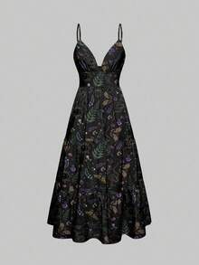 ROMWE Gothic Dark Elegant Romantic Zipper Dark Moth Butterfly Mushroom Forest Leaf Sun Moon Star Snake Halloween Purple Green Black Women Dress - màu đen - Xem 1