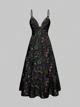 Gothic Dark Elegant Romantic Zipper Dark Moth Butterfly Mushroom Forest Leaf Sun Moon Star Snake Halloween Purple Green Black Women Dress