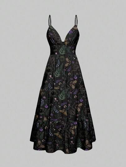 Gothic Dark Elegant Romantic Zipper Dark Moth Butterfly Mushroom Forest Leaf Sun Moon Star Snake Halloween Purple Green Black Women Dress