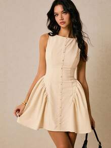女式纯色船领无袖褶皱修身迷你连衣裙 - 卡其色 - 查看 7