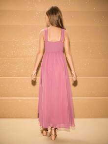 Girls' Round Neck Sleeveless Dress, Elegant Ruffle Hem Party Dress For Halloween, Christmas - Pink - View 2