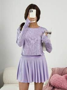 Sovereign Charm 休闲百搭全印花圆领长袖瑜伽健身T恤 - 紫色 - 查看 2