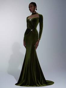 Elitara Elegant Velvet Handmade Rhinestone Decor Long Sleeve Round Neck Mermaid Hem Dress,Asymmetric Pleated Waist Fitted Gown For Weddings,Galas & Formal - Army Green - View 1