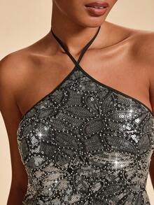 Travachic Vestido mini con escote halter, decorado con lentejuelas y perlas, de moda y sexy para mujer - Negro - Ver 2