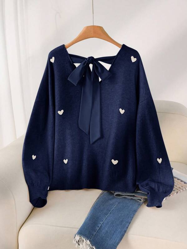 CosyJoli Plus Size Casual Heart Pattern Beige V-Neck Backless Pullover Sweater Navy Blue Blouse Bow Sweater/Winter
