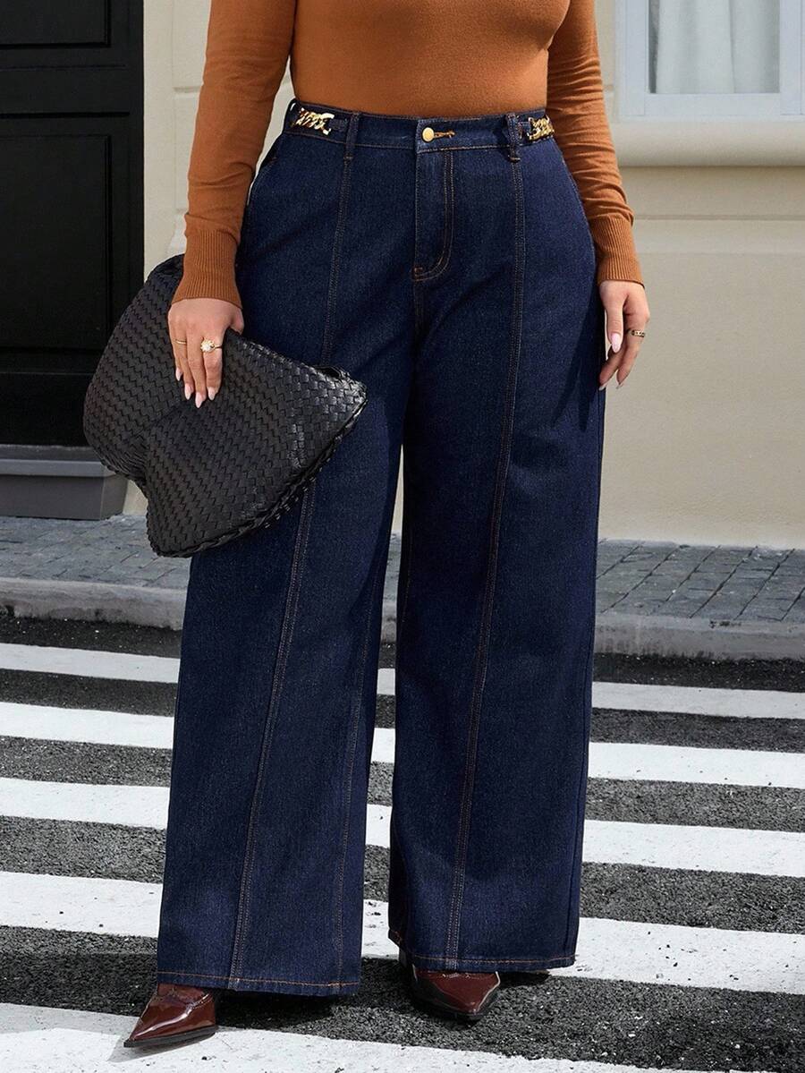 EMERY ROSE Jeans de mezclilla lavada de unicolor elegante para mujer de talla grande