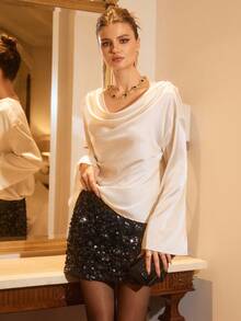 Poéselle Women's Elegant Cream White Satin Blouse,Summer Party Top With Pearl Chain,Draped Cowl Open-Back Silk Look,Backless Loose Versatile Evening Blouse - Apricot - View 1