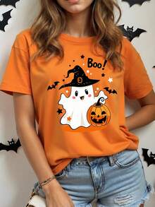 SHEIN Essnce Áo thun nữ cổ tròn tay ngắn in hình ma, bí ngô, dơi theo phong cách Halloween tối giản, giản dị, thích hợp mặc vào mùa hè - trái cam - Xem 5