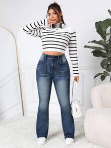 SHEIN PETITE CURVE Plus Size Women's Flare Jeans,High-Rise Bootcut Denim,Thermal Lined,Navy Blue,Summer,Smart Casual,Everyday,Classic Washed Slim Fit,Tummy Control Pants - Blue - View 3