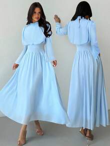 Firerie 女士优雅高领喇叭长袖中长连衣裙，适合春季、夏季、秋季、冬季、通勤、优雅、波西米亚、浪漫、约会、婚礼、毕业、音乐会、工作、女士生日连衣裙 - 藍色 - 查看 1