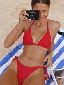Swim Vcay Bộ bikini gợi cảm buộc dây cổ màu trơn dành cho nữ năm 2026 - Đỏ - Xem 7