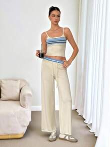 SHEIN Tall Vestă contrastantă cu talie joasă și șnur de cusut, pantaloni largi tricotați, ușori, de primăvară-vară, doar pentru vacanțe, eleganți, pentru plajă, drăguți, pentru aeroport, casă de plajă, îmbrăcăminte de aeroport, vacanță, toamnă/iarnă - Cremă - Vizualizare 3