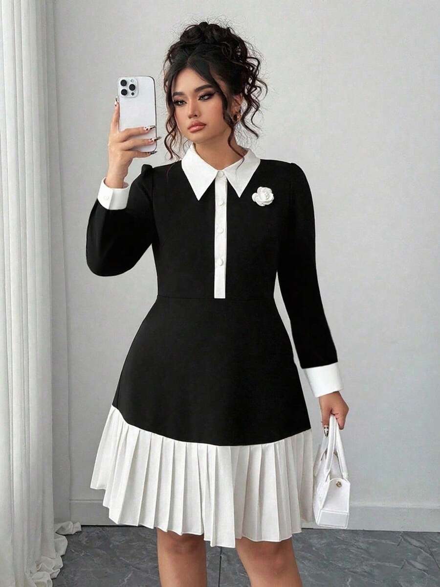 SHEIN Elenzya Elegant Plus Size Black And White Long Sleeve Shirt Collar Dress With Floral Decor,Pleated Hem,Autumn Casual Business For Women,Office Formal - Black and White - View 1