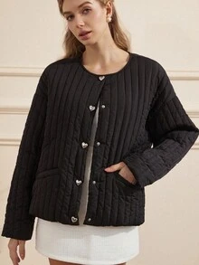 GENKIRA 女式竖条纹休闲宽松心形纽扣百搭套头衫 - 黑色 - 查看 4