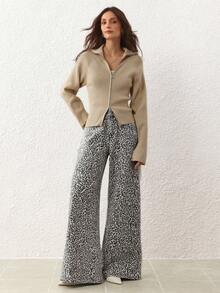 SHEIN Essnce 女式豹纹口袋阔腿宽松休闲牛仔裤 - 灰色 - 查看 2