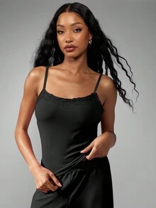 MISSGUIDED Elegant Lace Trim Sleepwear Cami Top Wide Leg Loungewear Pants Pajama Set Silky Satin Nightwear Lounging Outfit Sleeveless High Waist Pyjamas For Relaxation And Comfort - Black - View 4