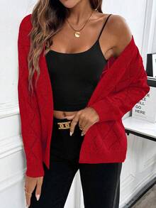 EMERY ROSE Casual Comfortable Hollow Diamond Pattern Cardigan For Women - Red - View 6