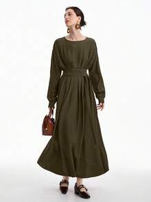 Lyxana Solid Drop Shoulder Belted Dress - Olive Green - View 1