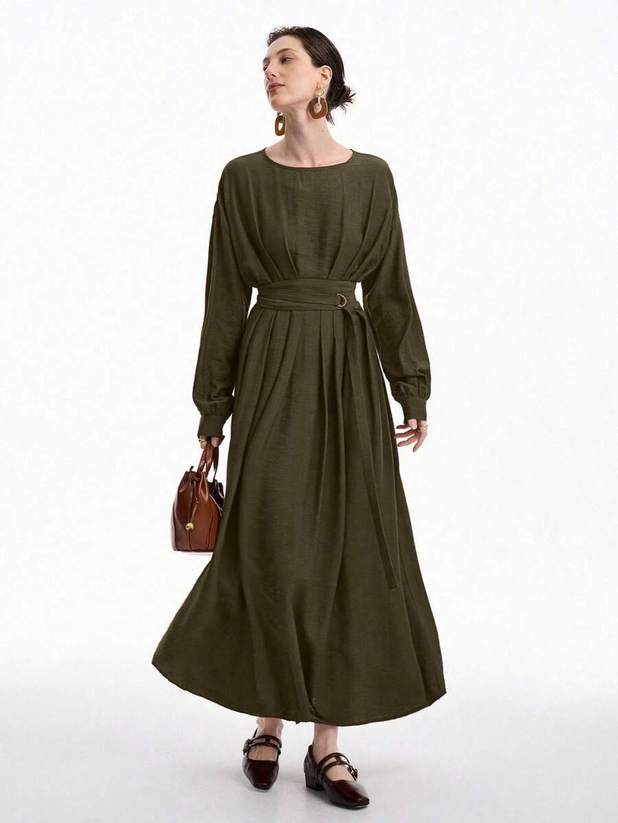 Lyxana Solid Drop Shoulder Belted Dress - Olive Green - View 1