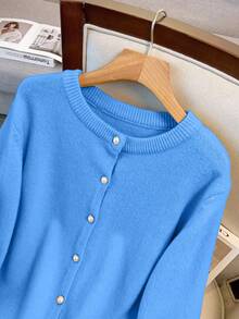 SHEIN LUNE Women's Round Neck Single-Breasted Casual Elegant Plus Size Long Sleeve Cardigan - Blue - View 5