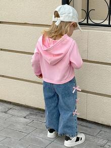SHEIN 2pcs/Set 6Months-3Years Baby Fall Outfits For Girl Casual And Korean Style Suit,Bowknot-Printing ,Long Sleeves Hoodie&Long Jeans Winter - Pink - View 2