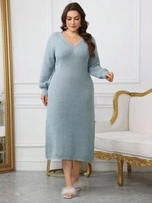 Modelyn 大码女式纯色凤凰羊毛灯笼袖休闲百搭毛衣连衣裙 - 藍色 - 查看 3