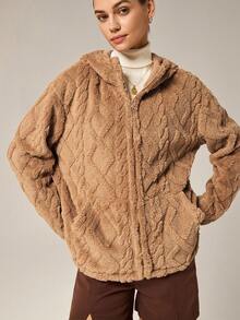 Hanevo Women's Regular Fit Zebra Print Faux Fur Jacket - Camel - View 1