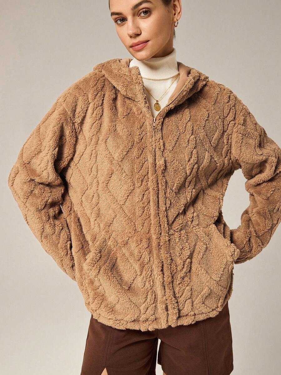 Hanevo Women's Regular Fit Zebra Print Faux Fur Jacket - Camel - View 1