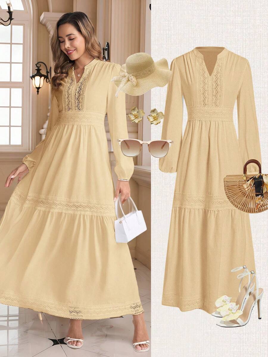 Ellevyn Women's Woven Jacquard Texture Spring Style Deep V-Neck Solid Color Ruffle Hem Lace Trim Summer Dress - Khaki - View 1