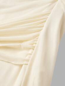 SHEIN MOD Asymmetric Shoulder Flare Sleeve Apricot Bow Metal Buckle Dress - Apricot - View 4