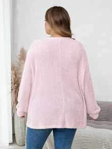 SHEIN CURVE+ 大码户外上衣，大码休闲圆领落肩宽松长袖T恤，秋季大码服装 - 粉色 - 查看 2