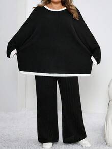 SHEIN CURVE+ Bộ 2 chiếc/Bộ áo thun cổ tròn tay dài phối viền màu tương phản cỡ lớn kèm quần dài ống xẻ tà, quần áo mùa đông cho nữ - màu đen - Xem 6